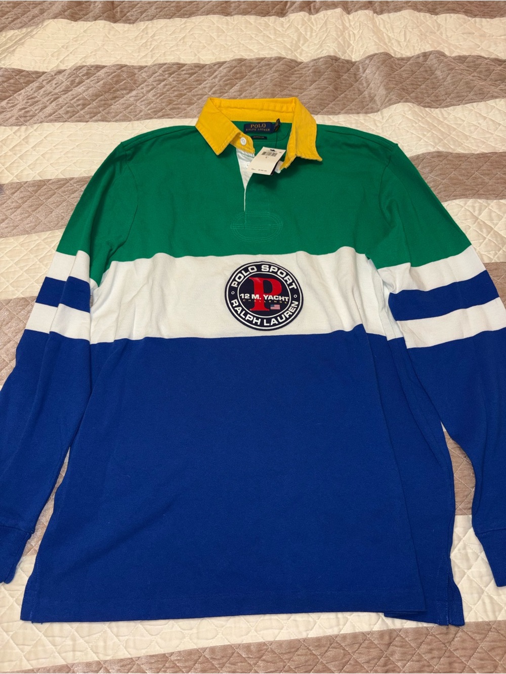 Polo by Ralph Lauren Green White Blue Rugby Shirt with Yellow Collar